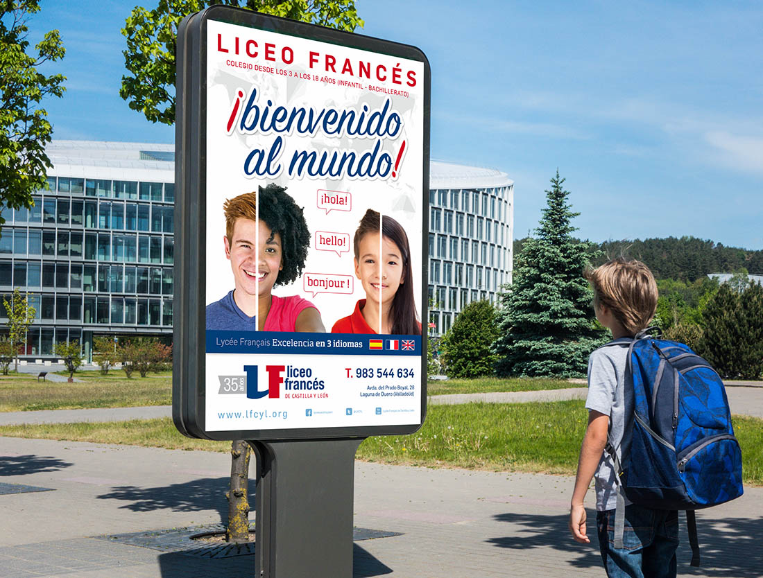 Mock up. Child looking at blank billboard outdoors, outdoor advertising, public information board in the street.